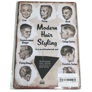 Vintage Vibe NWT 50s Men's Hair Styling Tin Metal Sign Barbershop Black White